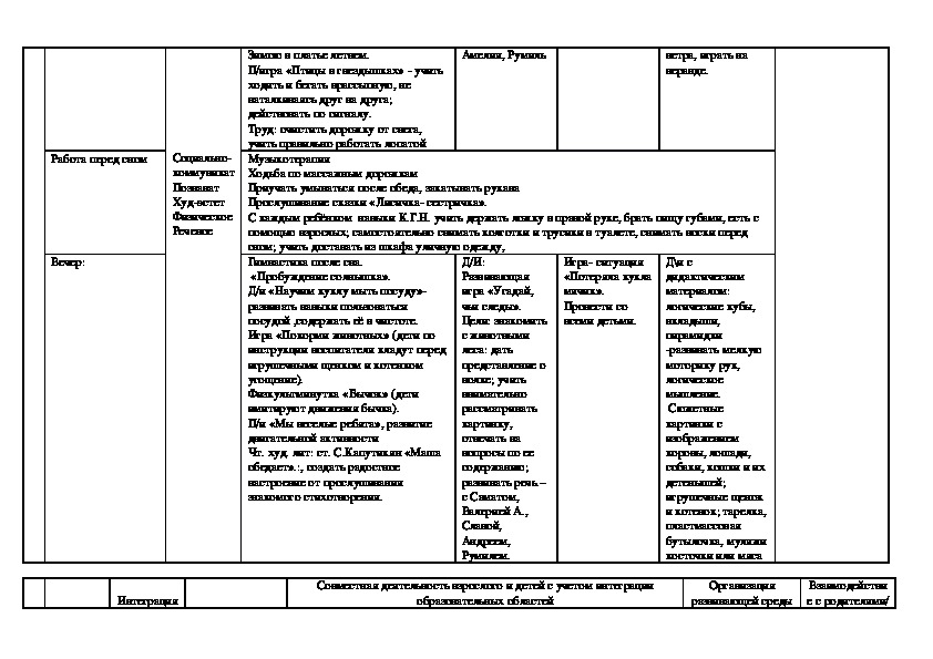 Календарный план инструменты младшая группа