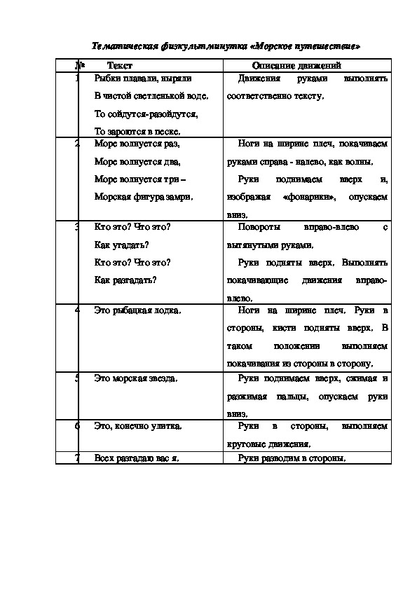 Тематическая физкультминутка «Морское путешествие»