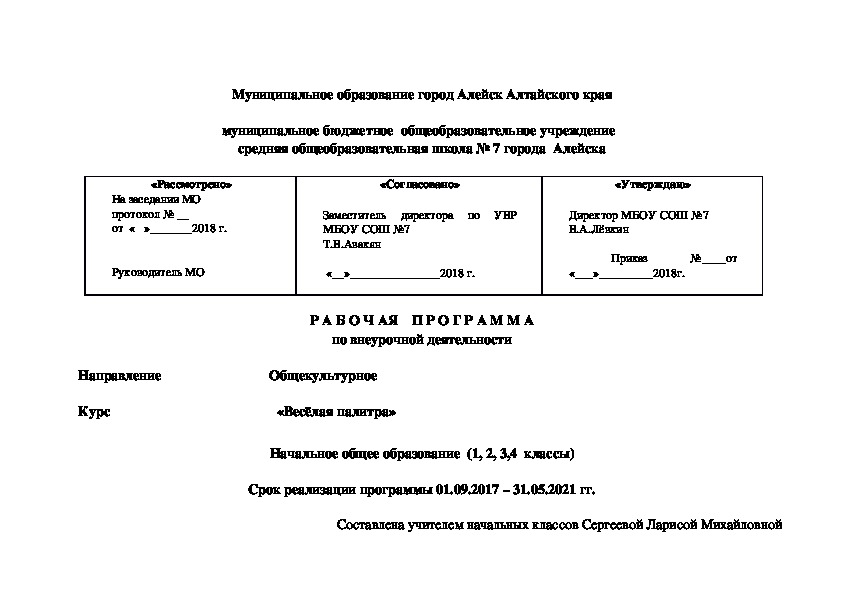 Рабочая программа по внеурочной деятельности  "Весёлая палитра" (1-4 класс)