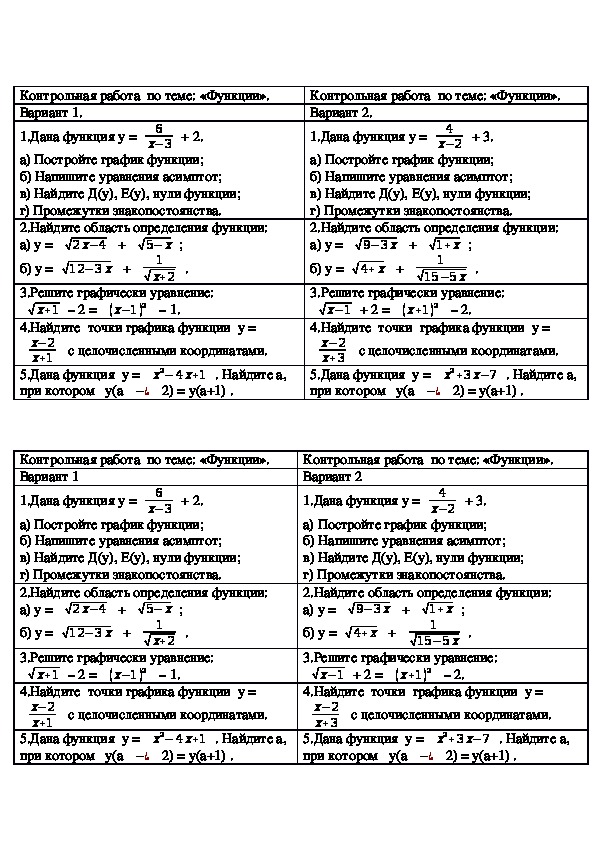 Контрольная работа по алгебре в 8 классе с углубленным изучением математики на тему: "Функции"
