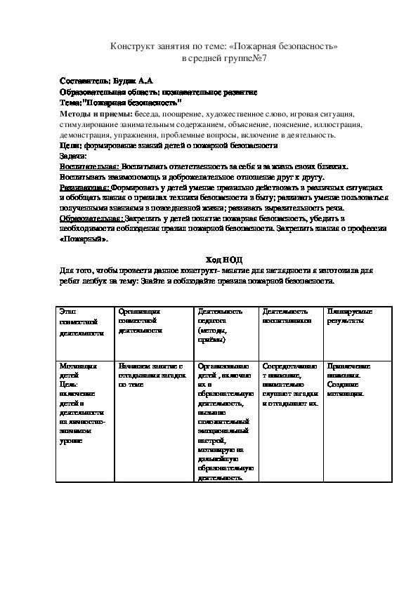 Конструкт занятия по пожарной безопасности