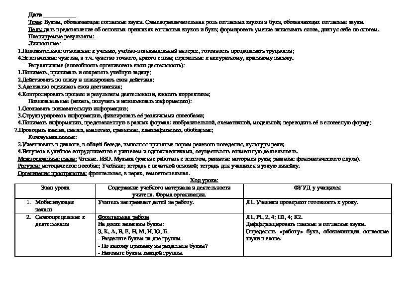 Конспект урока по русскому языку "Буквы, обозначающие согласные звуки"(1 класс)