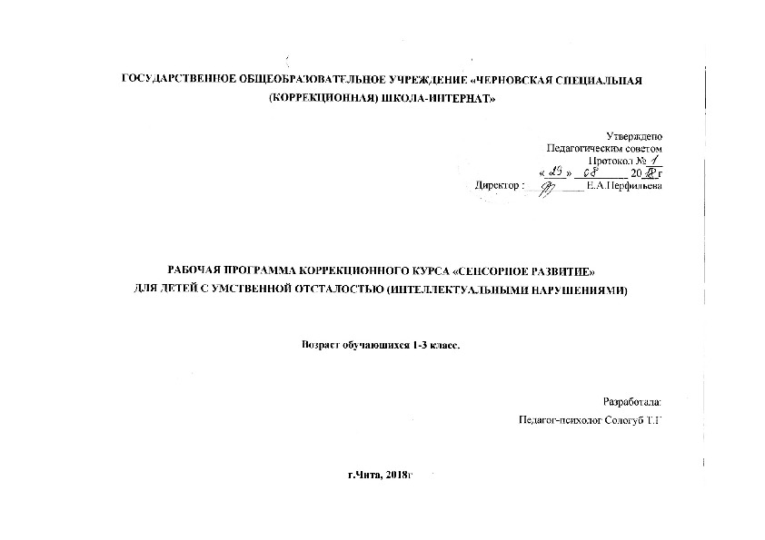Рабочая программа "Сенсорное развитие" для детей с умственной отсталостью (интеллектуальными нарушениями)