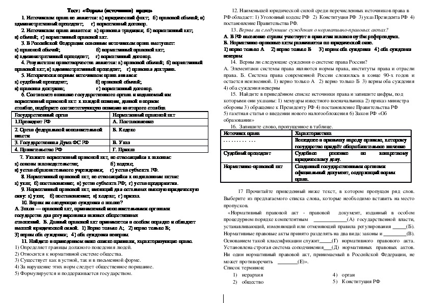 Контрольно-измерительные материалы по обществознанию «Формы (источники)  права»