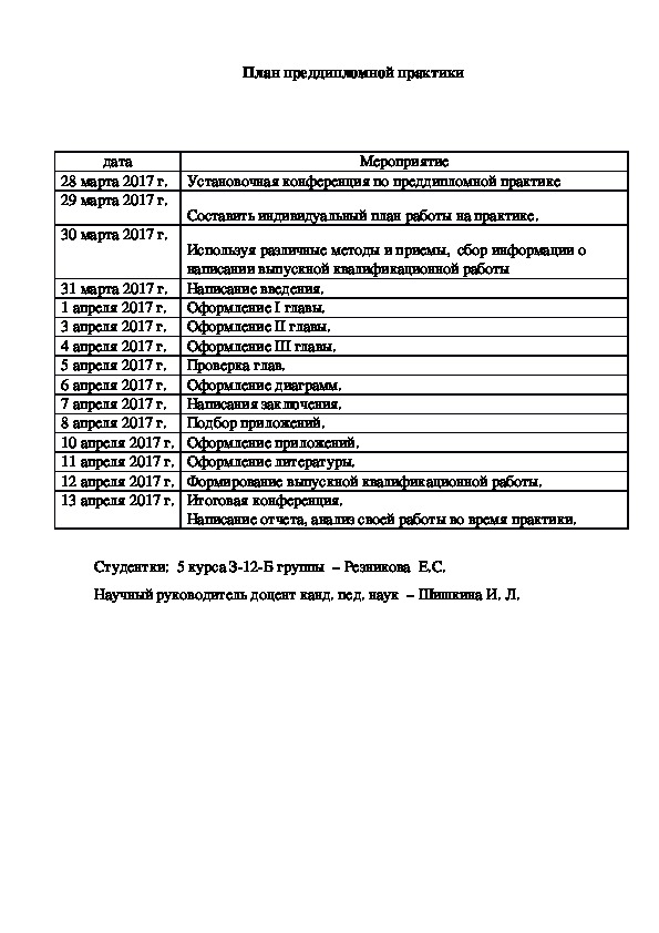 Совместный рабочий план график по преддипломной практике