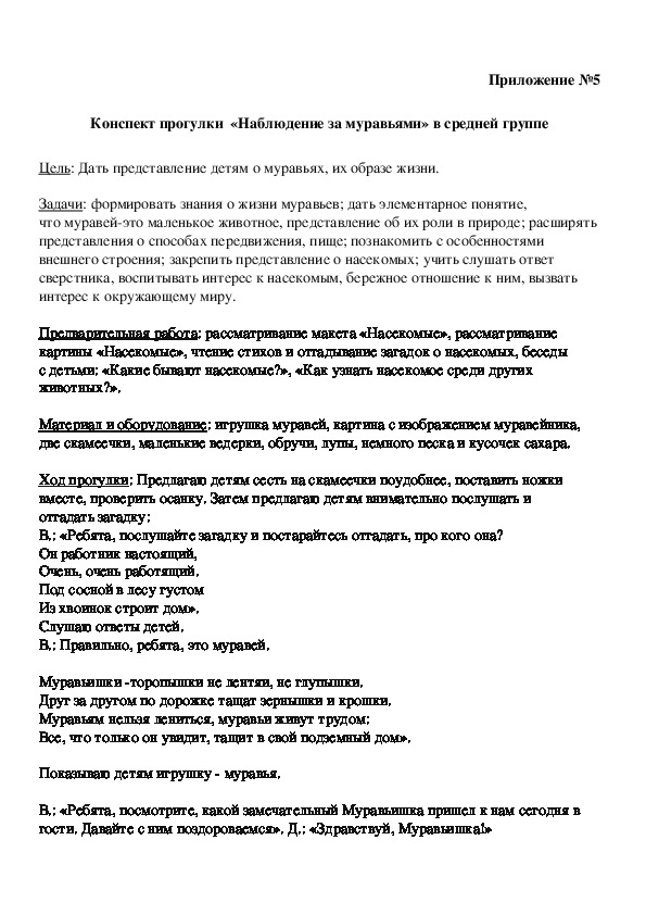 Конспект прогулки  «Наблюдение за муравьями» в средней группе