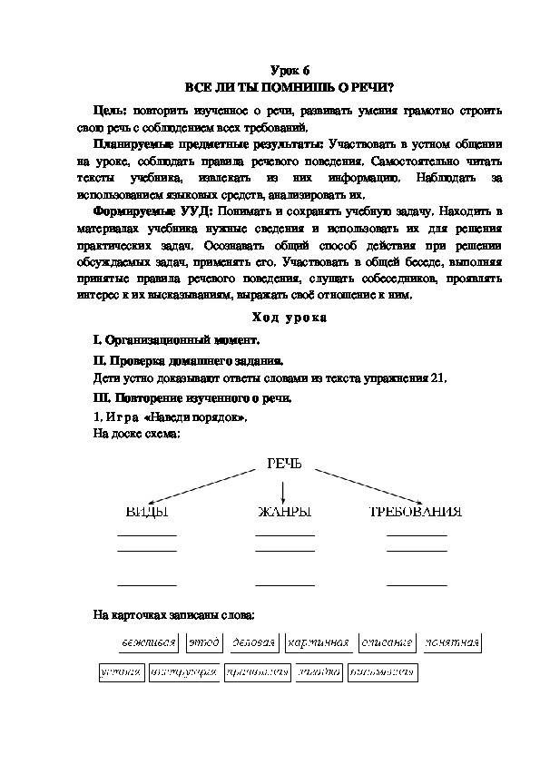 Конспект урока по теме:ВСЕ ЛИ ТЫ ПОМНИШЬ О РЕЧИ?