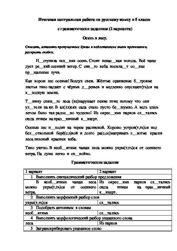 Обложка для материала Итоговая контрольная работа по русскому языку (2 варианта) в 5 классе.
