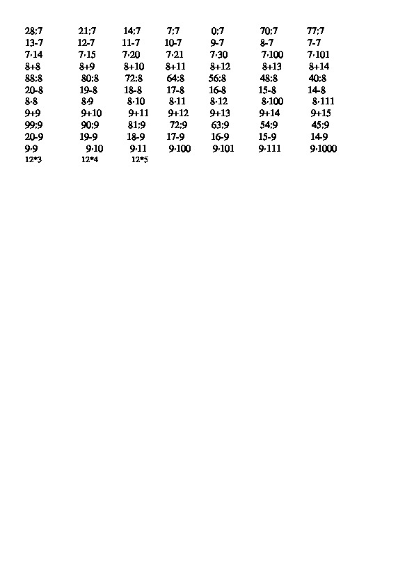 Таблица для устного счета по математике для 5 класса