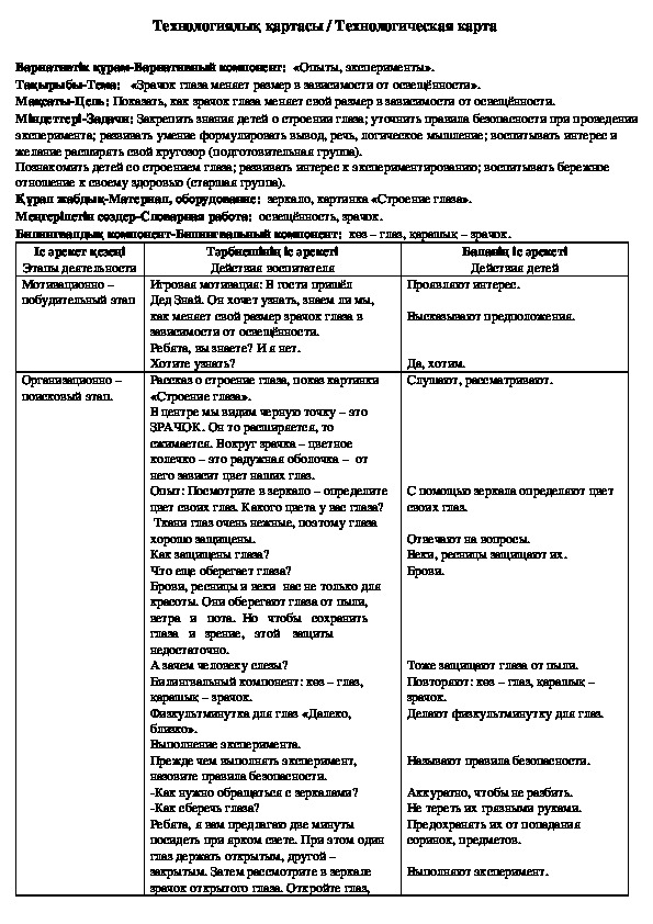 Конспект занятия по опытно-экспериментальной деятельности "Зрачок глаза меняет размер в зависимости от освещённости"