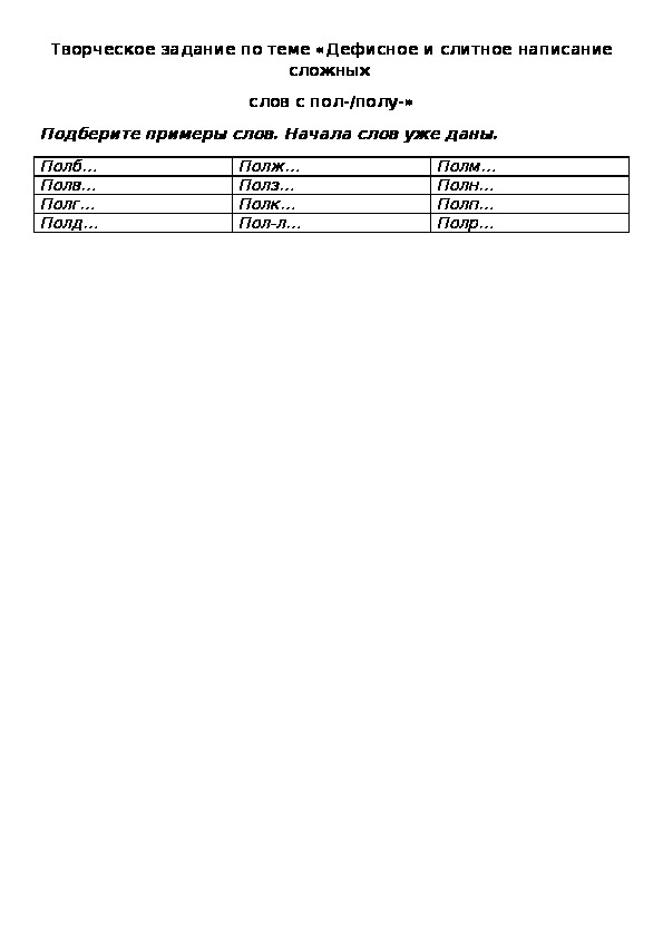 Творческое задание по теме «Дефисное и слитное написание сложных  слов с пол-/полу-»
