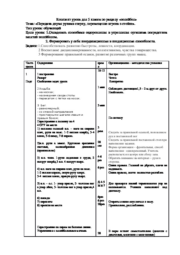 Обложка для материала Конспект урока для 5 класса по разделу «волейбол