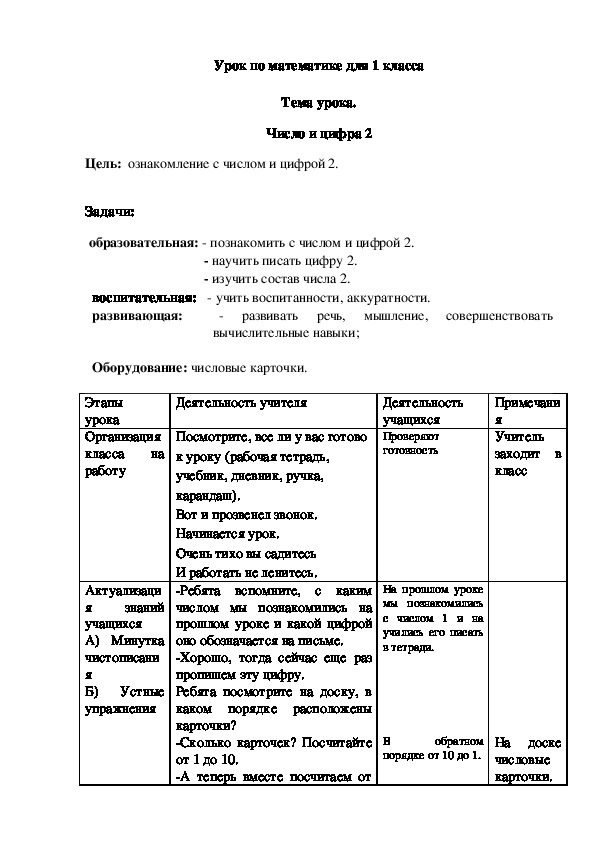 Конспект урока по математике на тему "Число и цифра 2" (2 класс)