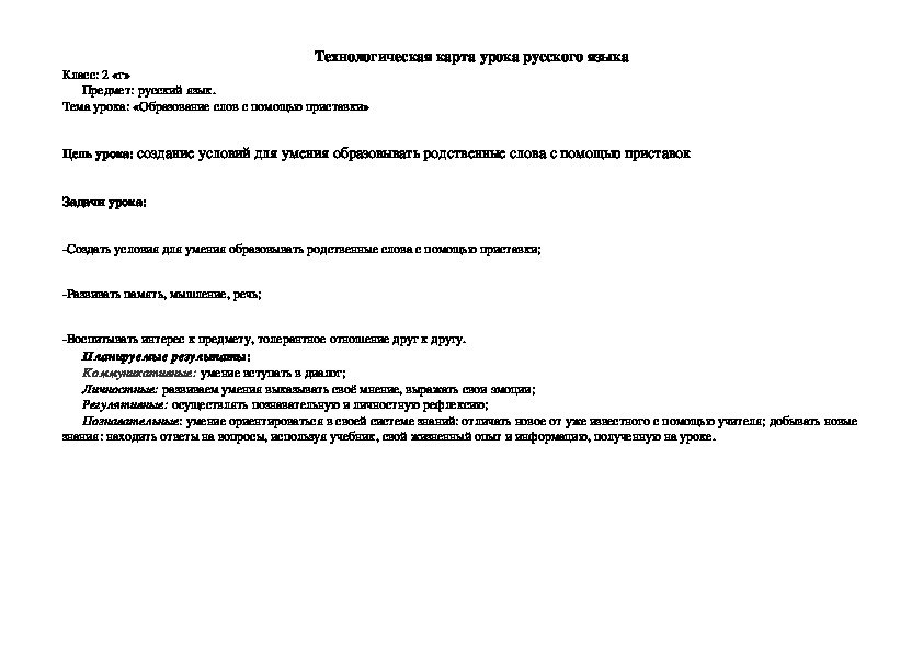 Технологическая карта урока русского языка на тему "Образование слов с помощью приставки"(2 класс)