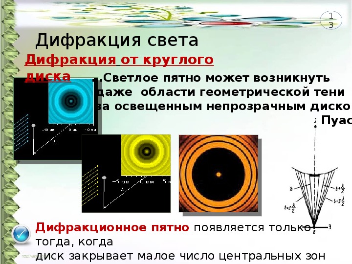 Каковы характерные особенности дифракционной картины получающиеся на малом непрозрачном диске