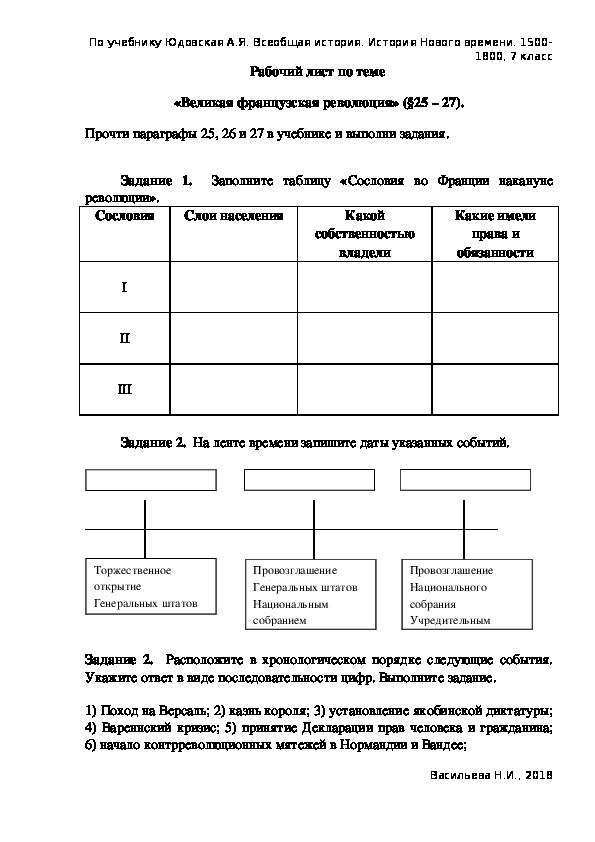 Тест французская революция 8 класс с ответами. Рабочие листы 