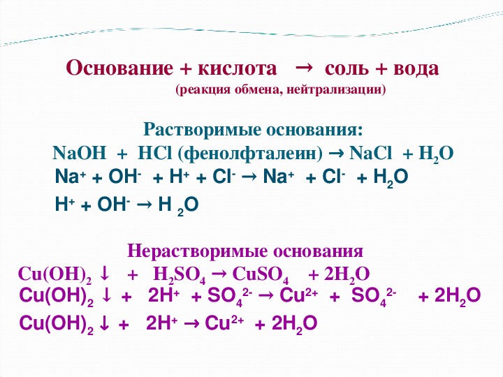 Уравнение реакции соли кислоты. Основание кислота соль вода реакция.