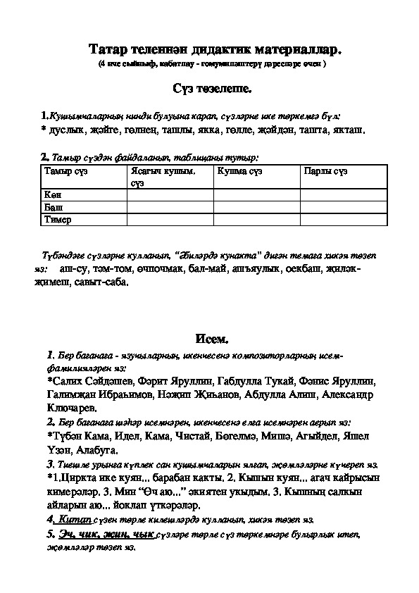 Дидактический материал по татарскому языку(4 класс)