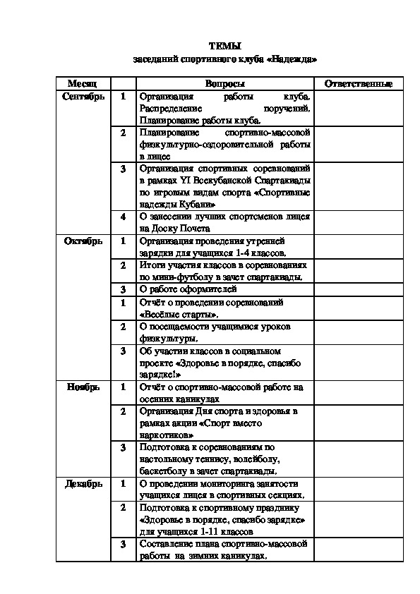 Обложка для материала ТЕМЫ заседаний спортивного клуба «Надежда