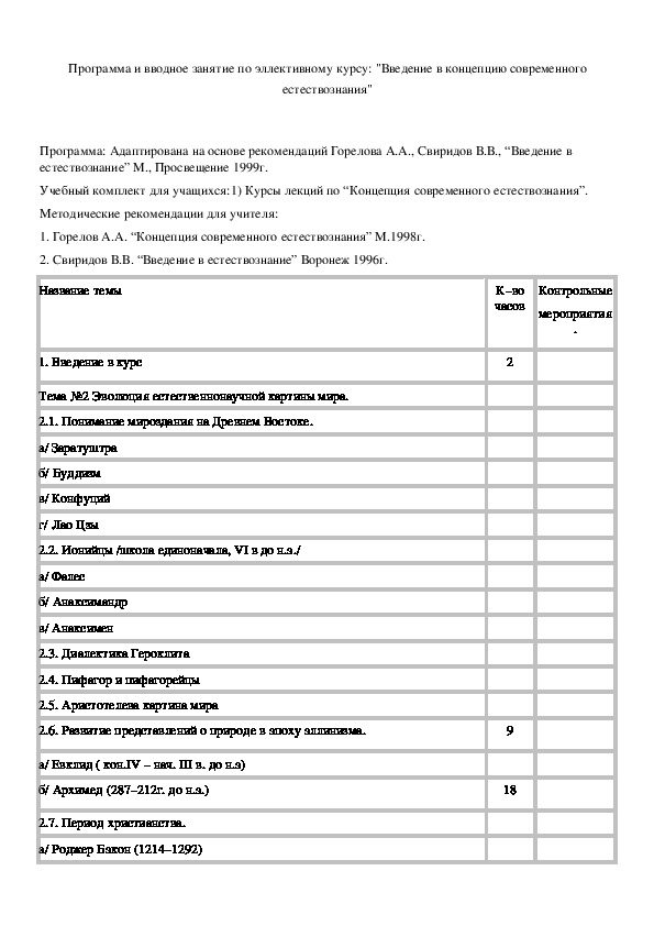 Обложка для материала Программа и вводное занятие по эллективному курсу: "Введение в концепцию современного естествознания"