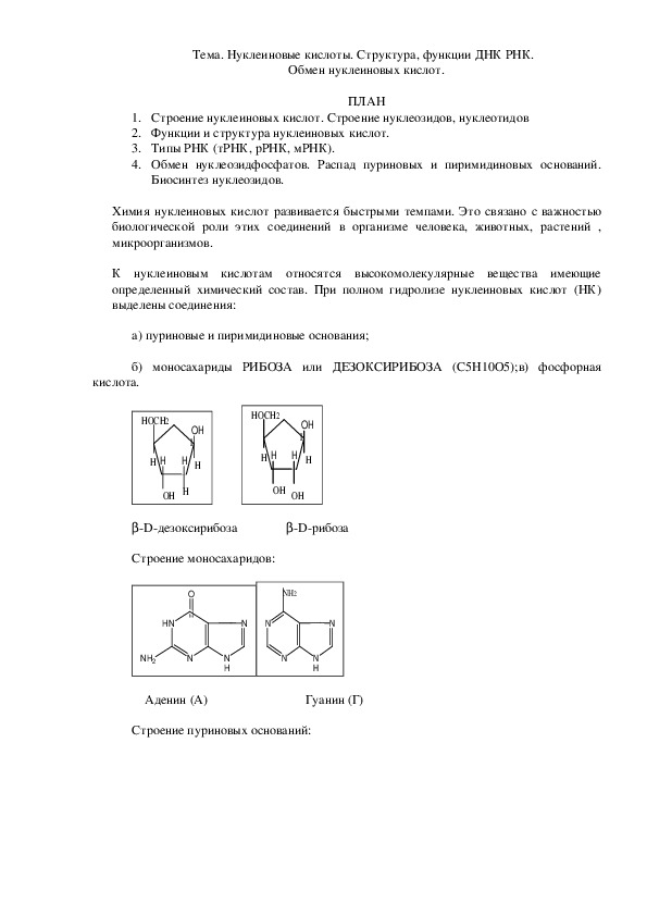 Тема. Нуклеиновые кислоты. Структура, функции ДНК РНК.   Обмен нуклеиновых кислот.