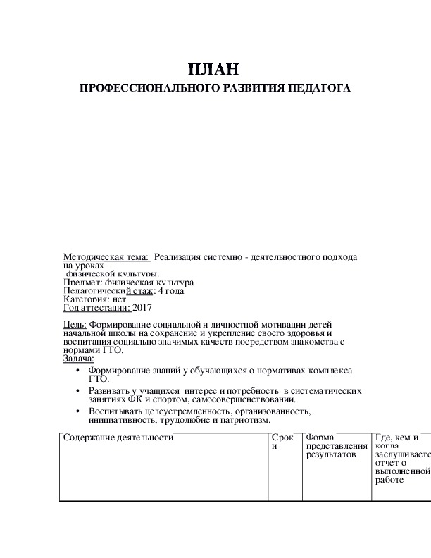 План профессионального развития педагога дополнительного образования пример