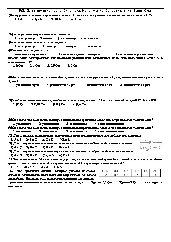 Задачи к урокам "Напряжение. Сопротивление. Закон Ома" 8 класс