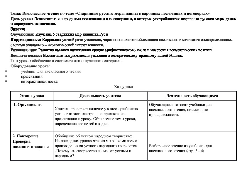 Конспект урока чтения по теме "Стринные меры длины в народных пословицах и поговорках" (8 класс)