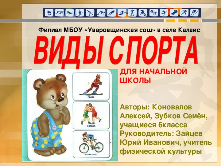 Презентация Виды спорта для начальной школы Авторы Коновалов А., Зубков С., учащиеся 6 кл.