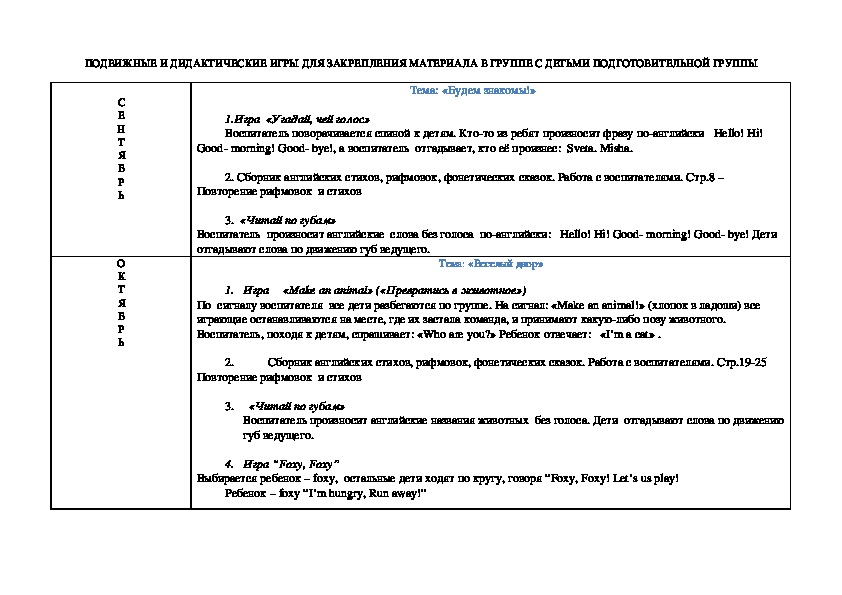 ПОДВИЖНЫЕ И ДИДАКТИЧЕСКИЕ ИГРЫ ДЛЯ ЗАКРЕПЛЕНИЯ МАТЕРИАЛА В ГРУППЕ С ДЕТЬМИ ПОДГОТОВИТЕЛЬНОЙ ГРУППЫ