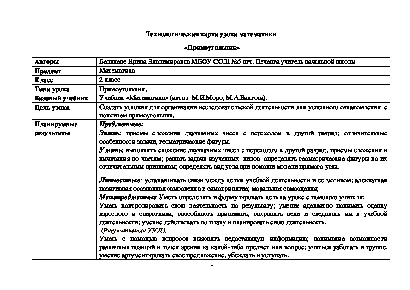 Технологическая карта урока 2 класс прямоугольник