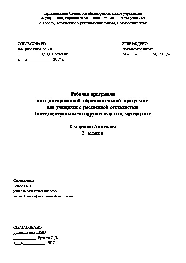 Рабочая программа по адаптированной  образовательной  программе  для учащихся с умственной отсталостью  (интеллектуальными нарушениями) по математике