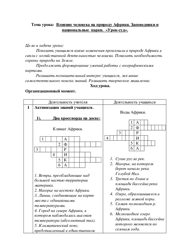 "Урок-суд"-Влияние человека на природу Африки. Заповедники и национальные  парки.