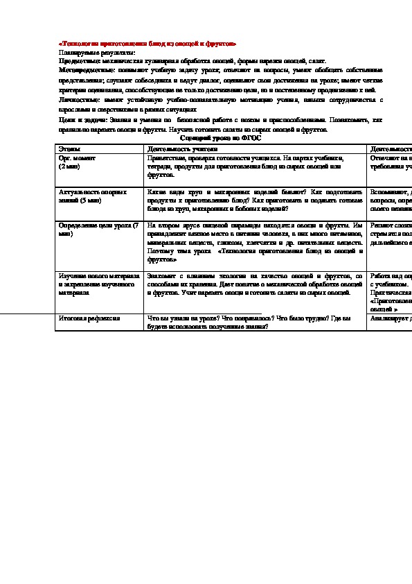 Урок по технологии 5 класс. «Технология приготовления блюд из овощей и фруктов»