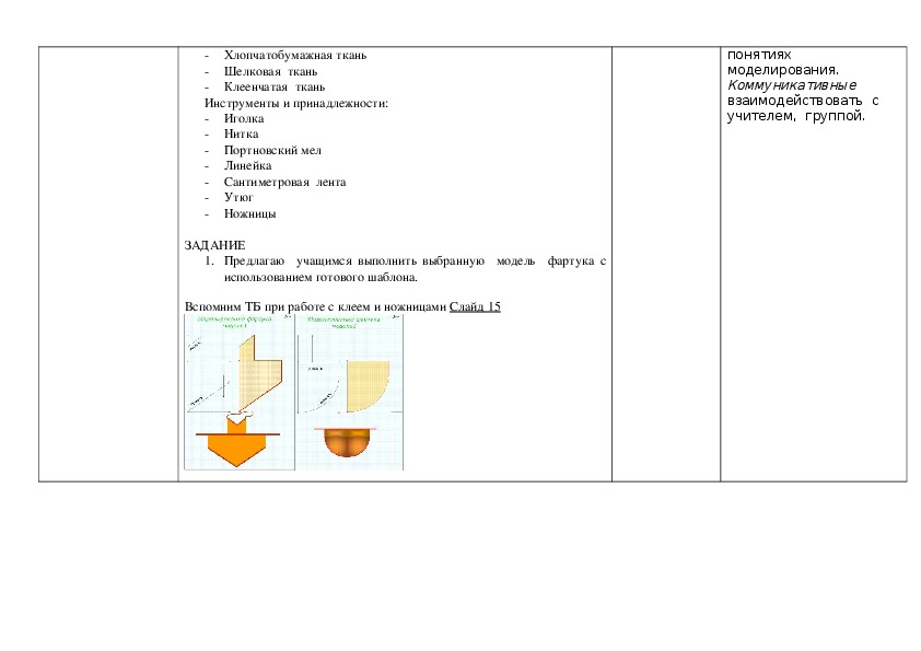 Технологическая карта фартука по технологии 5 класс