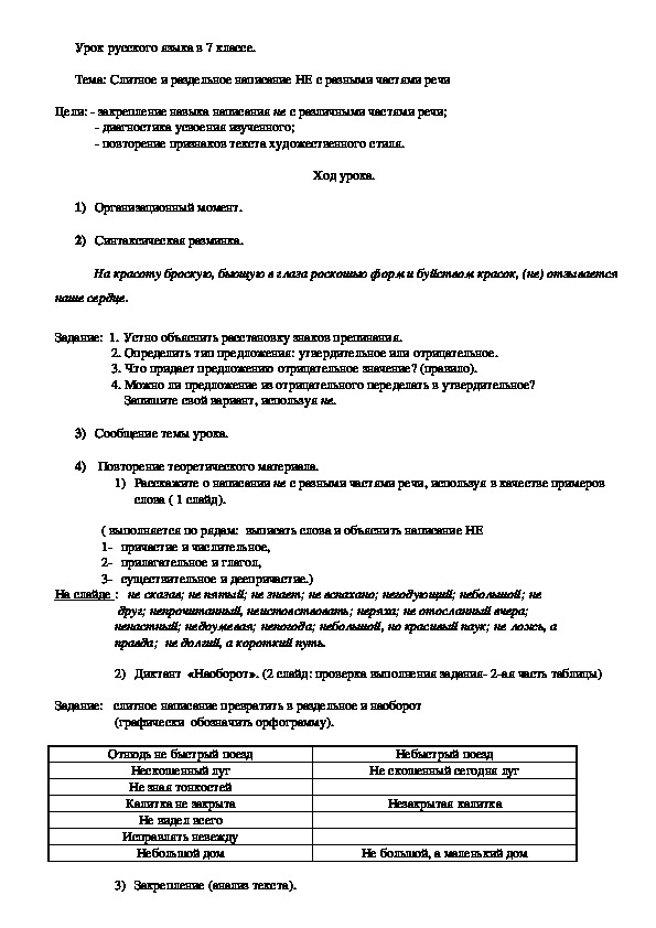 Урок русского языка "Слитное и раздельное написание НЕ с разными частями речи" (7 класс)