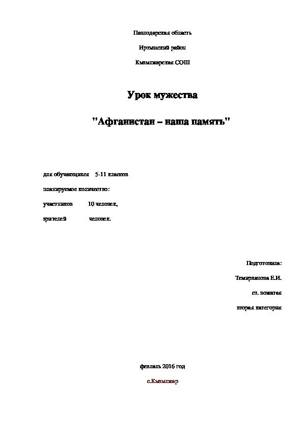 Урок мужества  "Афганистан – наша память"