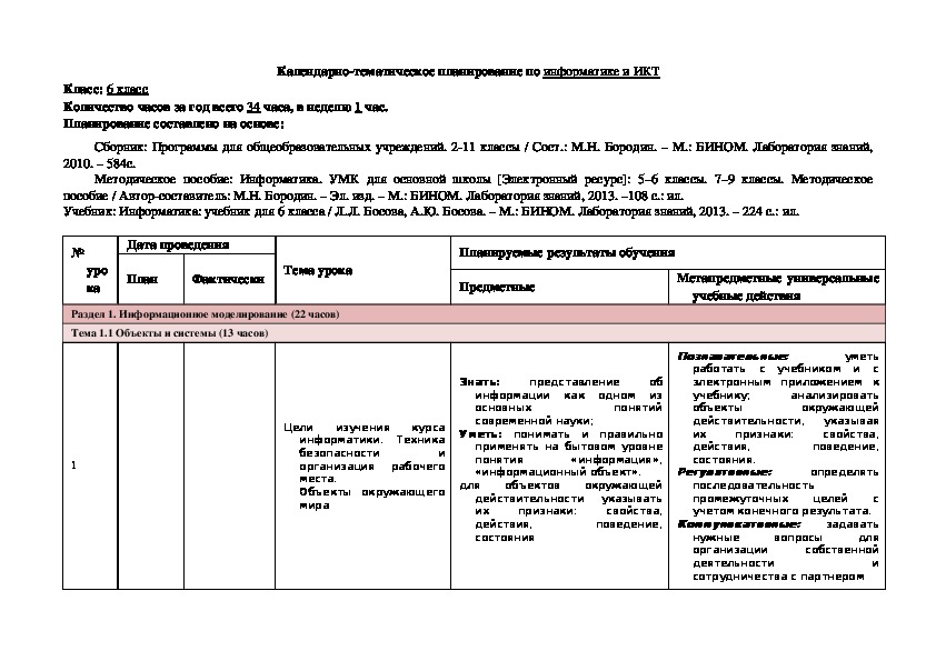 Технологическая карта урока по информатике босова 11 класс