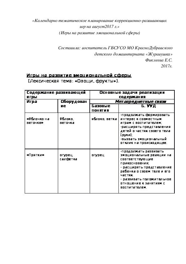 Обложка для материала «Календарно¬ тематическое планирование коррекционно-развивающих игр на август 2017 г.» (Игры на развитие эмоциональной сферы)