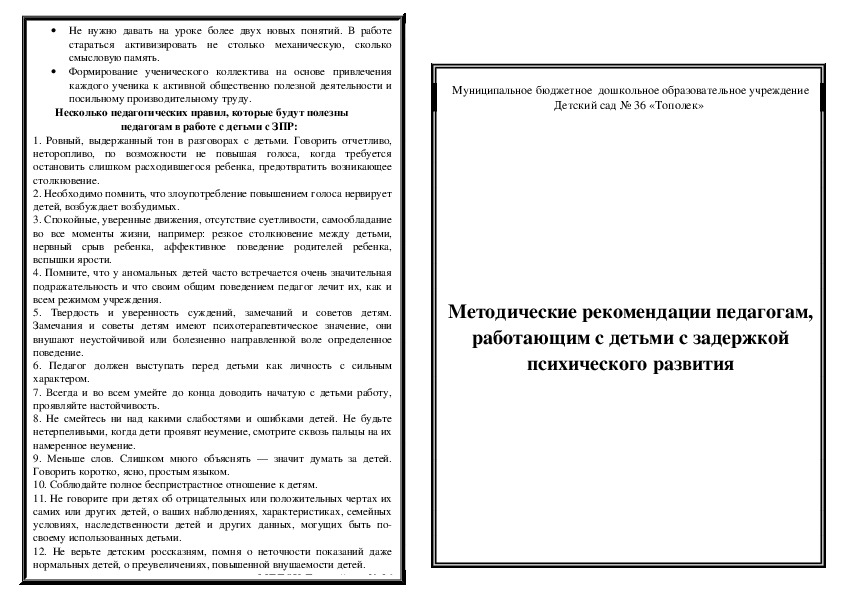 Методические рекомендации педагогам, работающим с детьми с задержкой психического развития