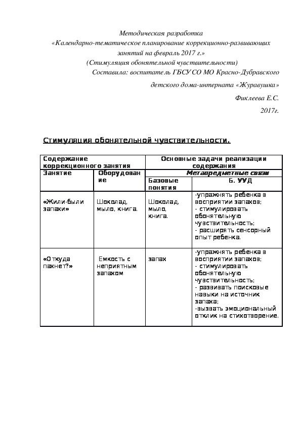 Обложка для материала «Календарно-тематическое планирование коррекционно-развивающих занятий на февраль 2017 г.»  (Стимуляция обонятельной чувствительности)
