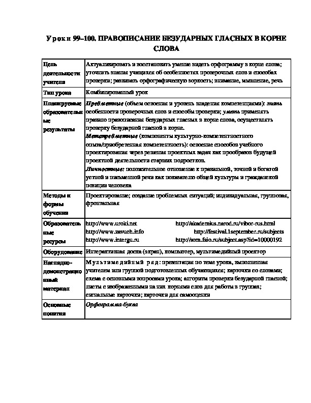 Уроки 99-100 Правописание безударных гласных в корне слова