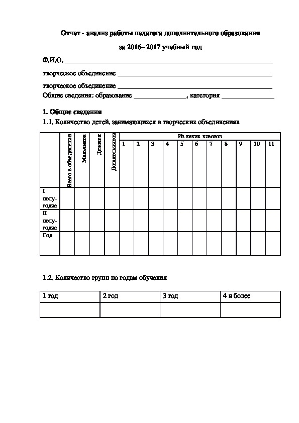 Отчет педагога дополнительного образования за год образец