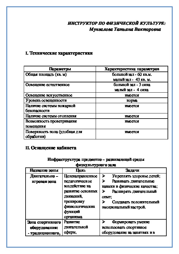 Паспорт физкультурного зала в детском саду