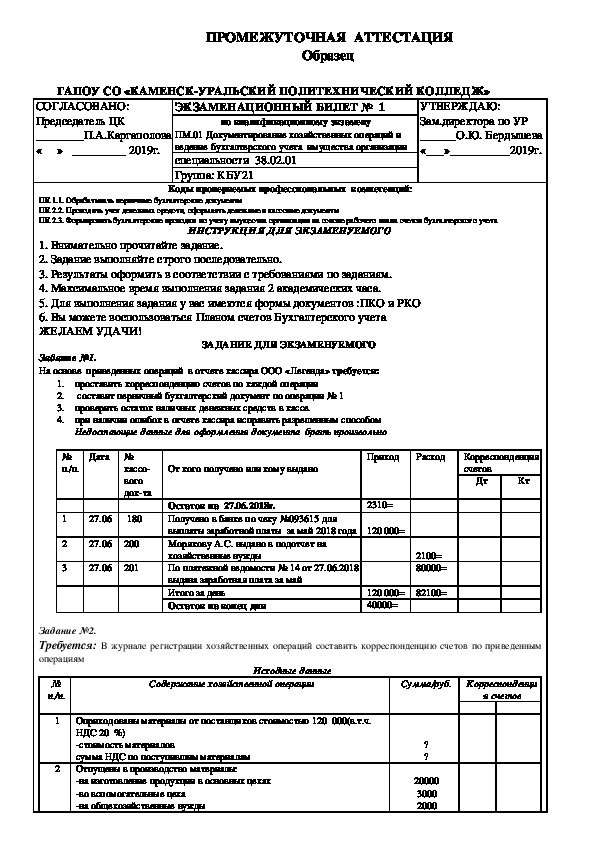 Образец  билета  по квалификационному экзамену ПМ.01 Документирование хозяйственных операций и ведение бухгалтерского учета  имущества организации
