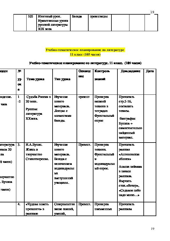 Тематическое планирование 11 класса