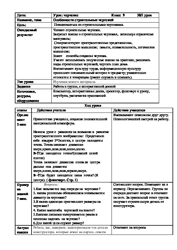 Основные особенности строительных чертежей 9 класс конспект