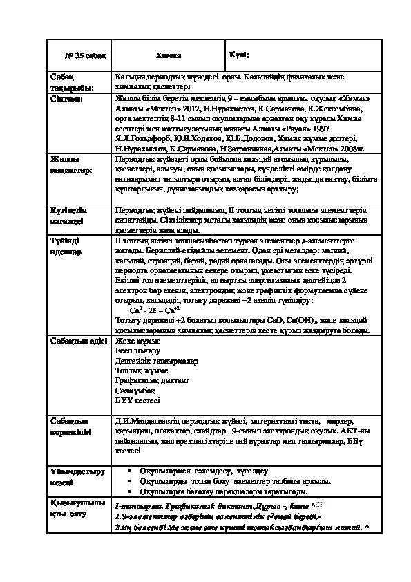 Урок по химии на тему "Кальций,периодтық жүйедегі  орны. Кальцийдің физикалық және химиялық қасиеттері" 9 класс