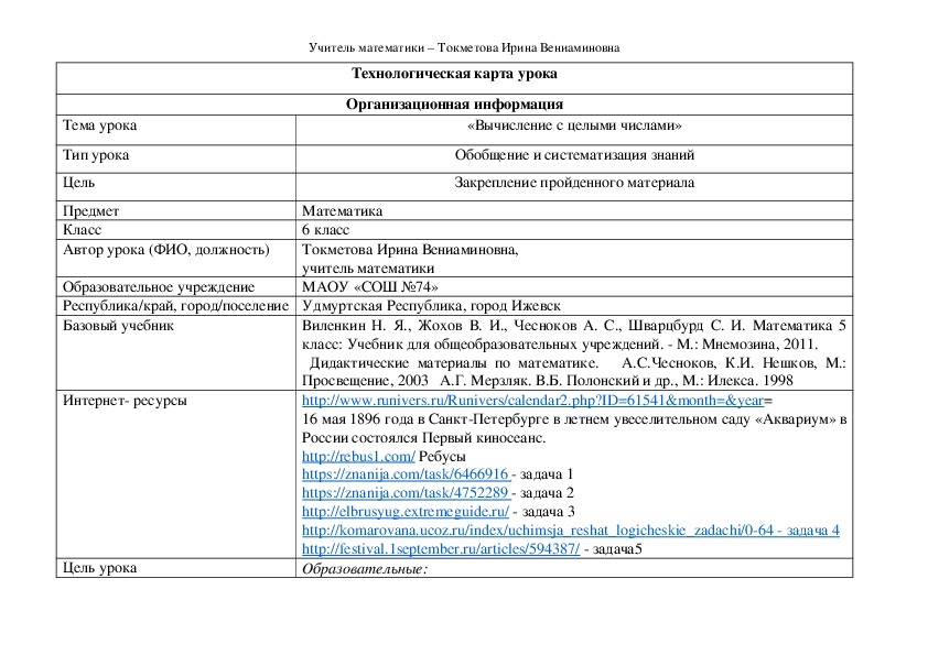 Технологическая карта урока математики "Вычисление с целыми числами"(6 класс)