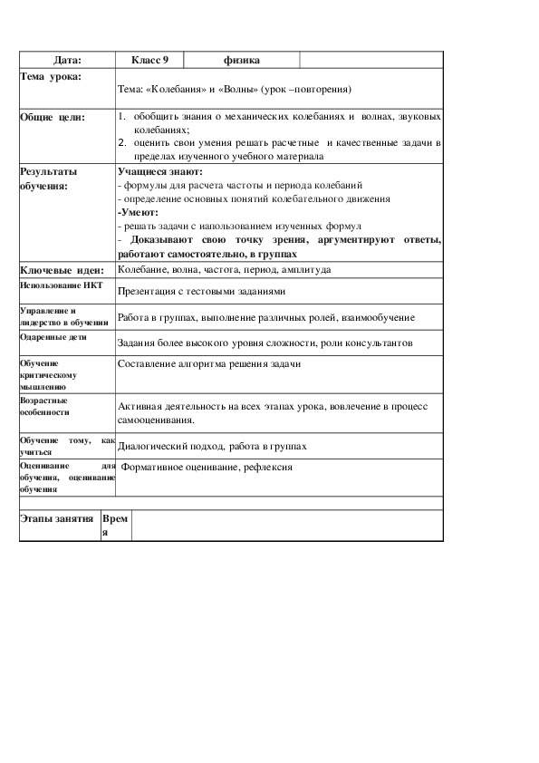 Разработка урока по теме: "Колебания и волны" урок-обобщения и повторения материала.9 класс